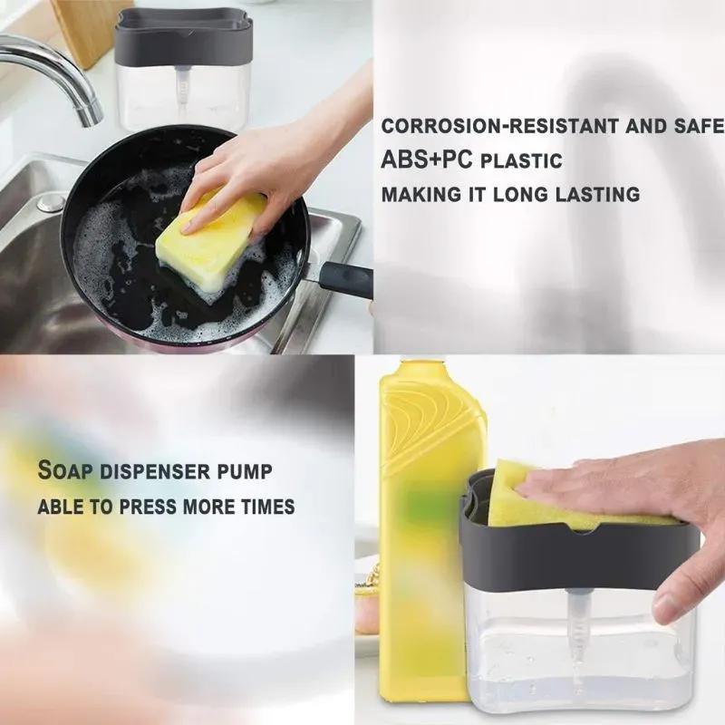 "Effortless Dish Cleaning Set with Soap Dispensing Sponge Holder"