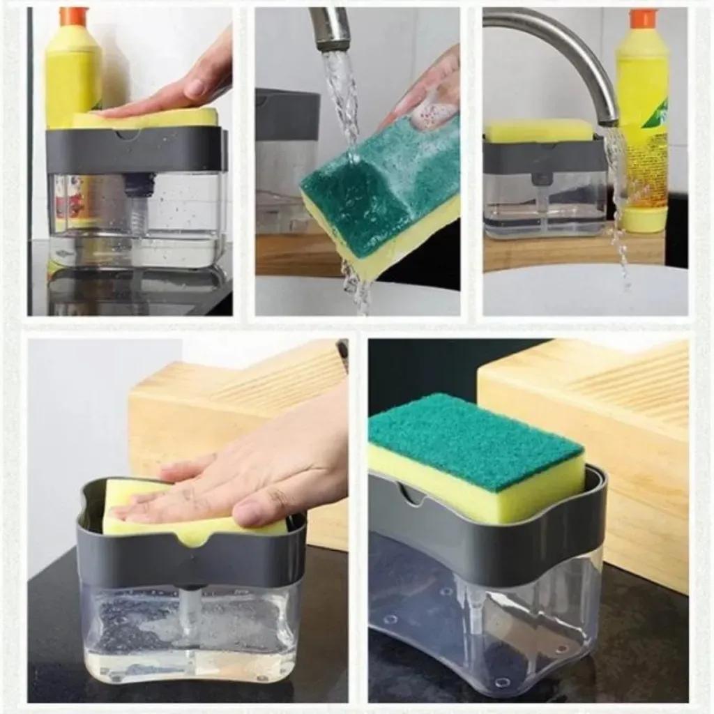 "Effortless Dish Cleaning Set with Soap Dispensing Sponge Holder"