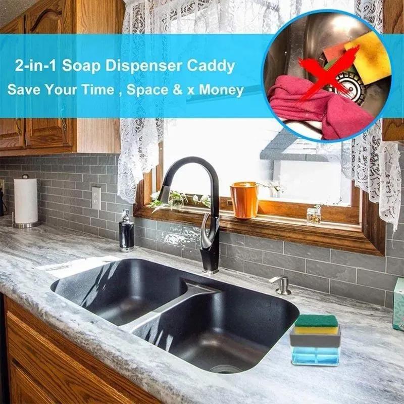 "Effortless Dish Cleaning Set with Soap Dispensing Sponge Holder"