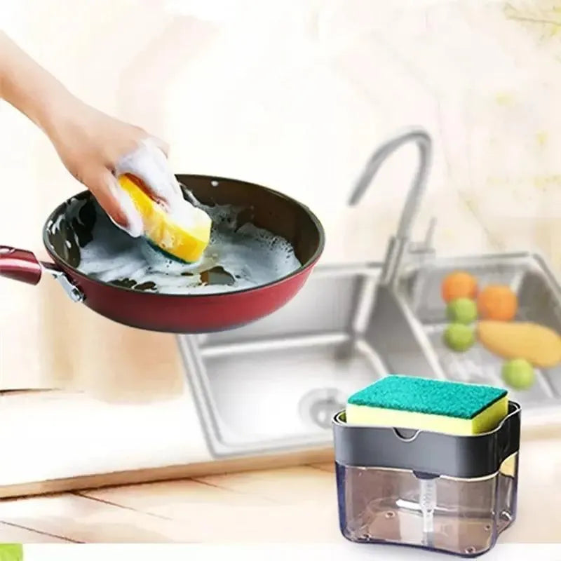 "Effortless Dish Cleaning Set with Soap Dispensing Sponge Holder"